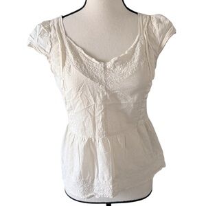 Tulle White Embroidered Corset Accent Pleated Blouse Cottagecore Size Small